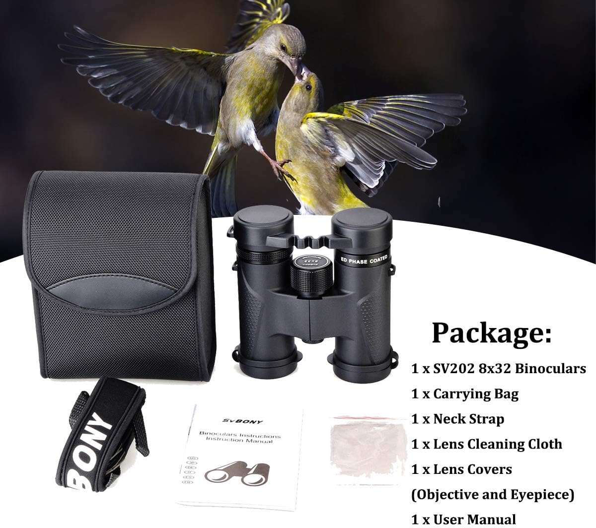 Svbony SV202 Verrekijker 8x32 ED Waterbestendig Breed Gezichtsveld Verrekijker Telescoop ED Glas BAK4-prisma FMC-lens met Draagtas Nekriem voor Vogels kijken Jagen Wandelen