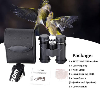 Svbony SV202 Verrekijker 8x32 ED Waterbestendig Breed Gezichtsveld Verrekijker Telescoop ED Glas BAK4-prisma FMC-lens met Draagtas Nekriem voor Vogels kijken Jagen Wandelen