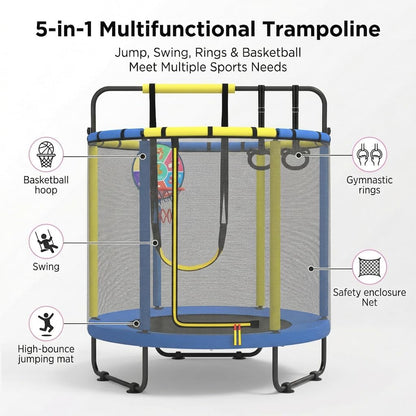 Kindertrampoline, trampoline voor kinderen, indoor trampolines voor kinderen, met basketbalmand, schommel, trekring, geschikt voor binnen en buiten, geschikt voor kinderen, verjaardagscadeau