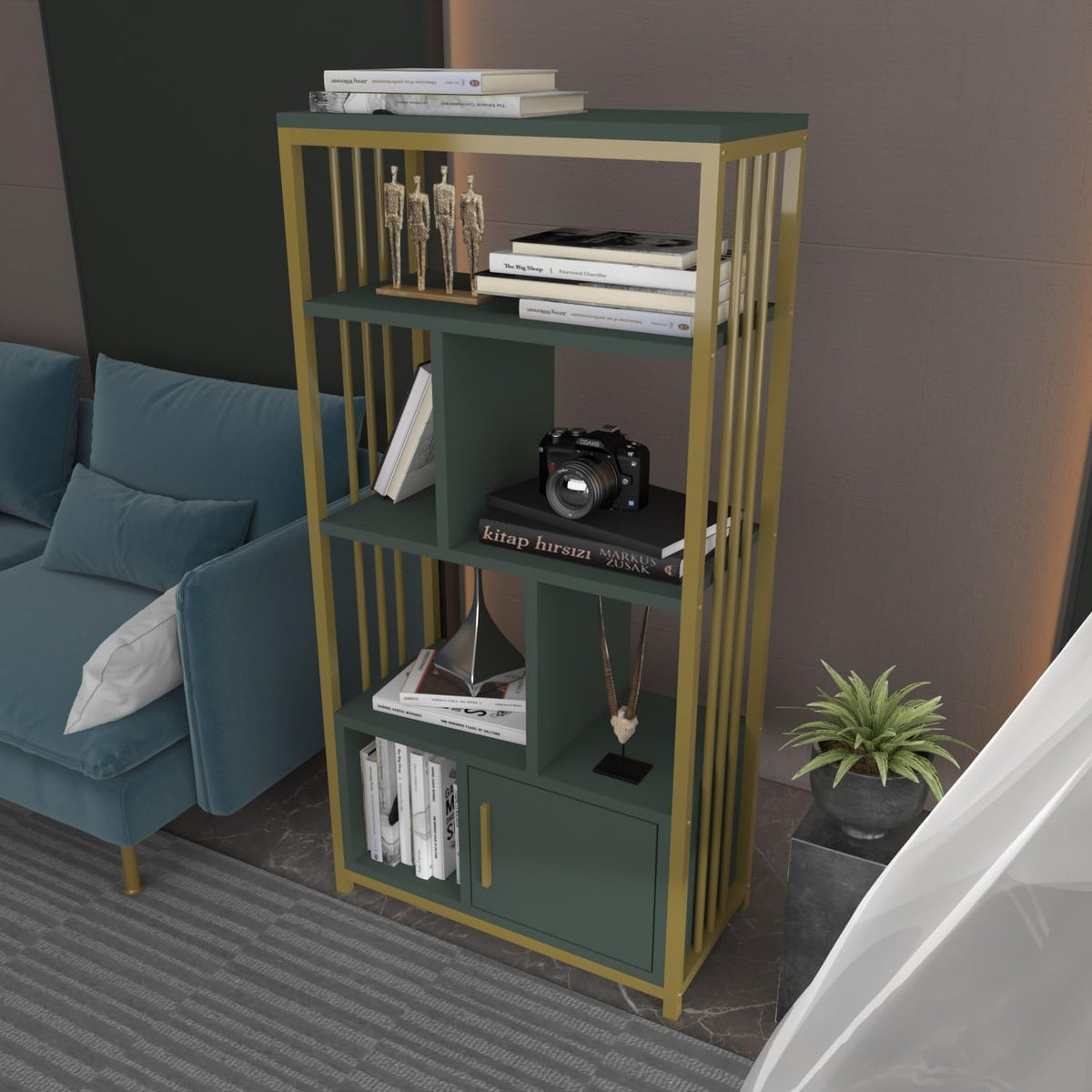 Hanah Home Elegant Green & Gold Bookshelf, 60 cm x 120 cm x 29,6 cm, 100% Melamine Coated Particle Board, 18 mm dik, stijlvolle opslag voor moderne ruimtes