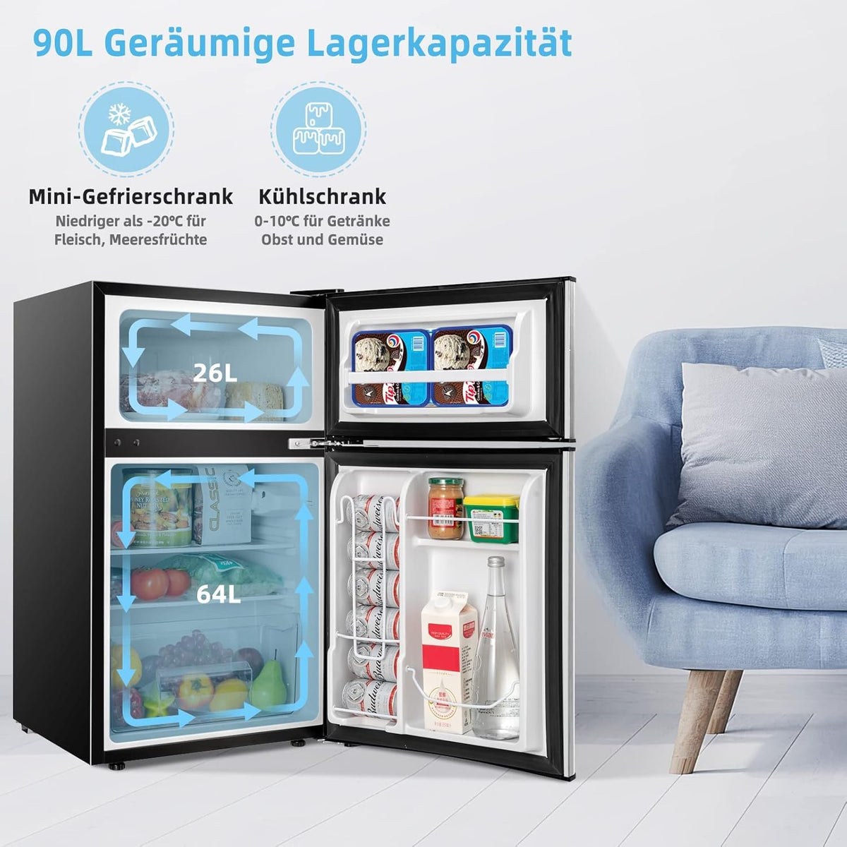 FANTASK 90 l vriezer met 27 l vriesvak, koel-vriescombinatie koelkast, mini-staande koelkast (grijs) [energieklasse E] - QUORE