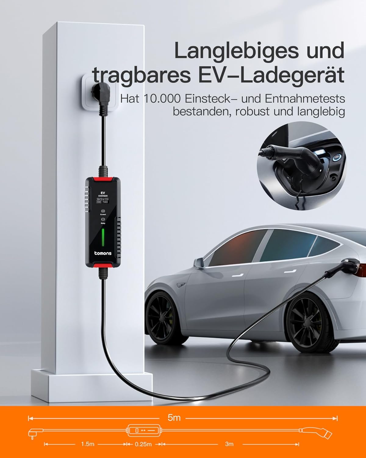 tomons Oplader voor elektrische auto, type 2, 3,5 kW, 16 A, 6 m, instelbare stroom 6/8/10/13/16 A, IP66, draagbare oplader voor EV's en PHEV's, mobiele wandbox, met led-display en vertragingsfunctie.