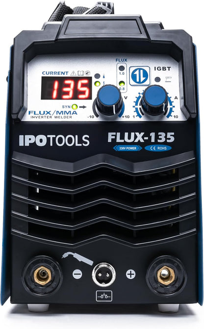 IPOTOOLS FLUX-135 vuldraad lasapparaat zonder gas 135A – 3-in-1 FLUX/ARC/MMA Inverter lasapparaat met synergische draadopvoer, IGBT, 230V, compact & draagbaar – 7 jaar garantie