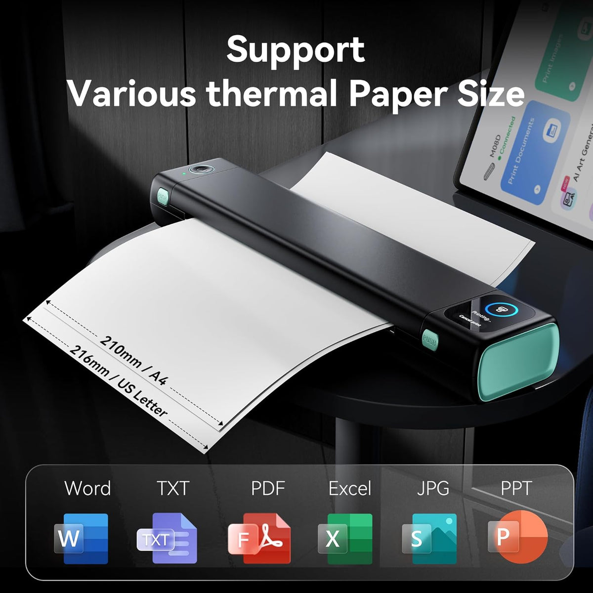 Phomemo M08D Touch Screen Portable Thermal Printer A4 Bluetooth Wireless Compatible with iOS Android Printer Without Ink for Travel Business - QUORE