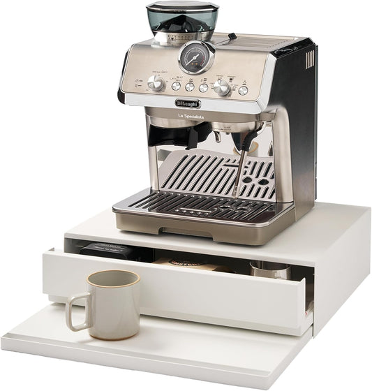 Yamazaki 2007 TOWER Sliding Countertop Tray with Drawer, white, Steel/Polypropylene/Silicone, 45 x 39.3~64 x 13.5 cm