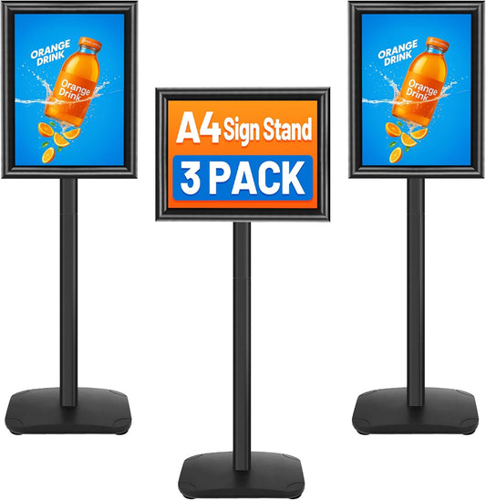 Schildstandaard Set van 3, Zwart – Displaystandaard – Posterstandaard A4 – Informatiestandaard – Menuhouder – Met Zware 2,6 Kg Metalen Voet – 360° Draaibaar En 180° Kantelbaar