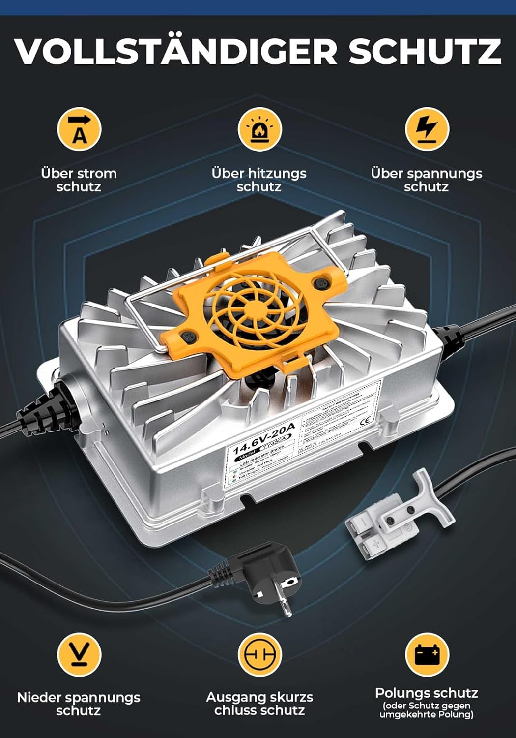 14.6V 20A LiFePO4 Lithiumbatterijlader Acculader voor 12V (12.8V) LiFePO4 Lithiumbatterijen, 12V Lithium-ijzerfosfaat-acculader voor Campers, Boten, Auto's, schepen en Zonne-energie