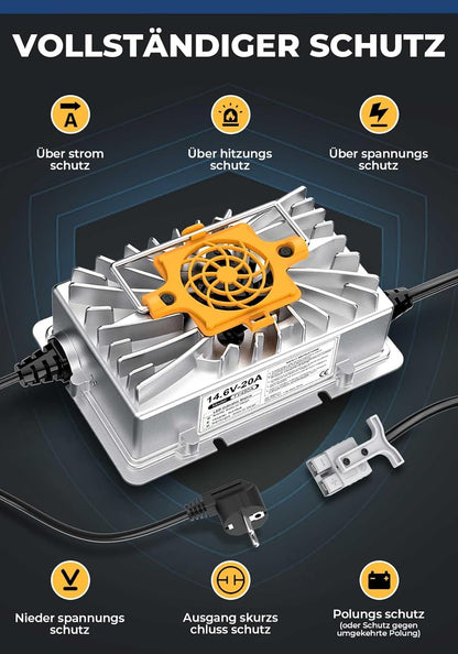 14.6V 20A LiFePO4 Lithiumbatterijlader Acculader voor 12V (12.8V) LiFePO4 Lithiumbatterijen, 12V Lithium-ijzerfosfaat-acculader voor Campers, Boten, Auto's, schepen en Zonne-energie
