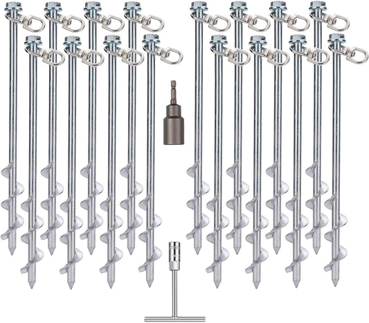 30 cm schroef in tentharingen 16 stuks set met T-handvat inbussleutel en boor - Heavy Duty grondpalen voor stacaravan, schuur, trampoline