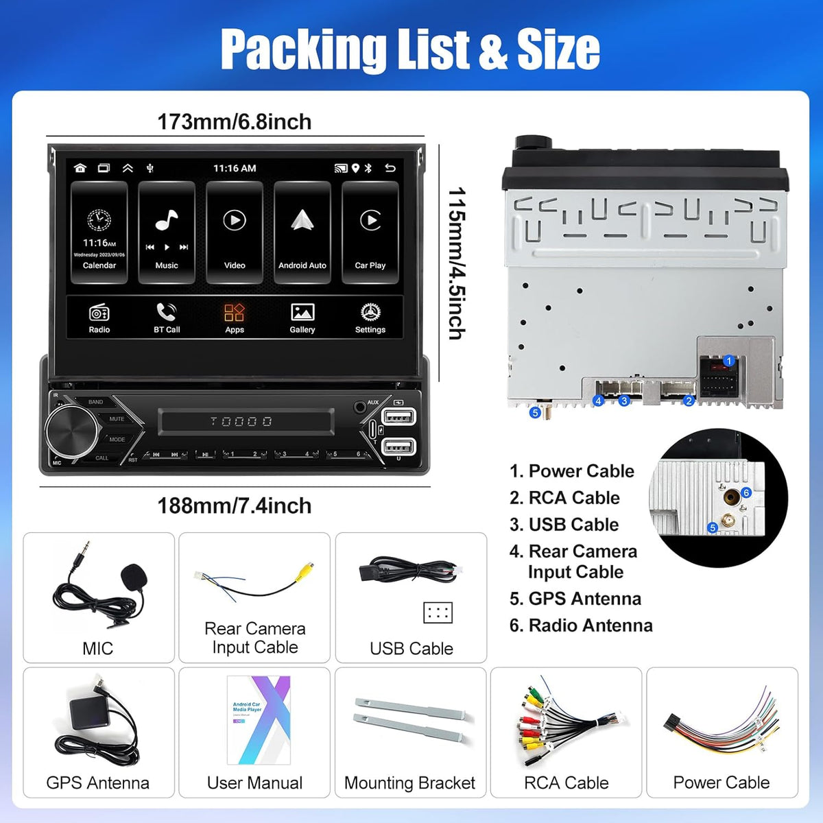 [2GB+64GB] SIXWIN 1 Din Android 13 autoradio met navigatiesysteem, 7 inch uitschuifbaar display autoradio met WiFi verbonden/GPS/Bluetooth/FM-ontvanger/USB/EQ/Mirror Link