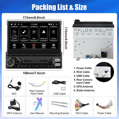 [2GB+64GB] SIXWIN 1 Din Android 13 autoradio met navigatiesysteem, 7 inch uitschuifbaar display autoradio met WiFi verbonden/GPS/Bluetooth/FM-ontvanger/USB/EQ/Mirror Link