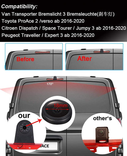 HD IP68 Derde Dak Top Mount Remlamp Reverse Achteruitrijcamera Backup Camera Hoek en afstand Verstelbare IR Nachtzicht voor Citroen Verzending/Te yo ta Proace/Peugeot Expert Reiziger Van +4.3 inch monitor