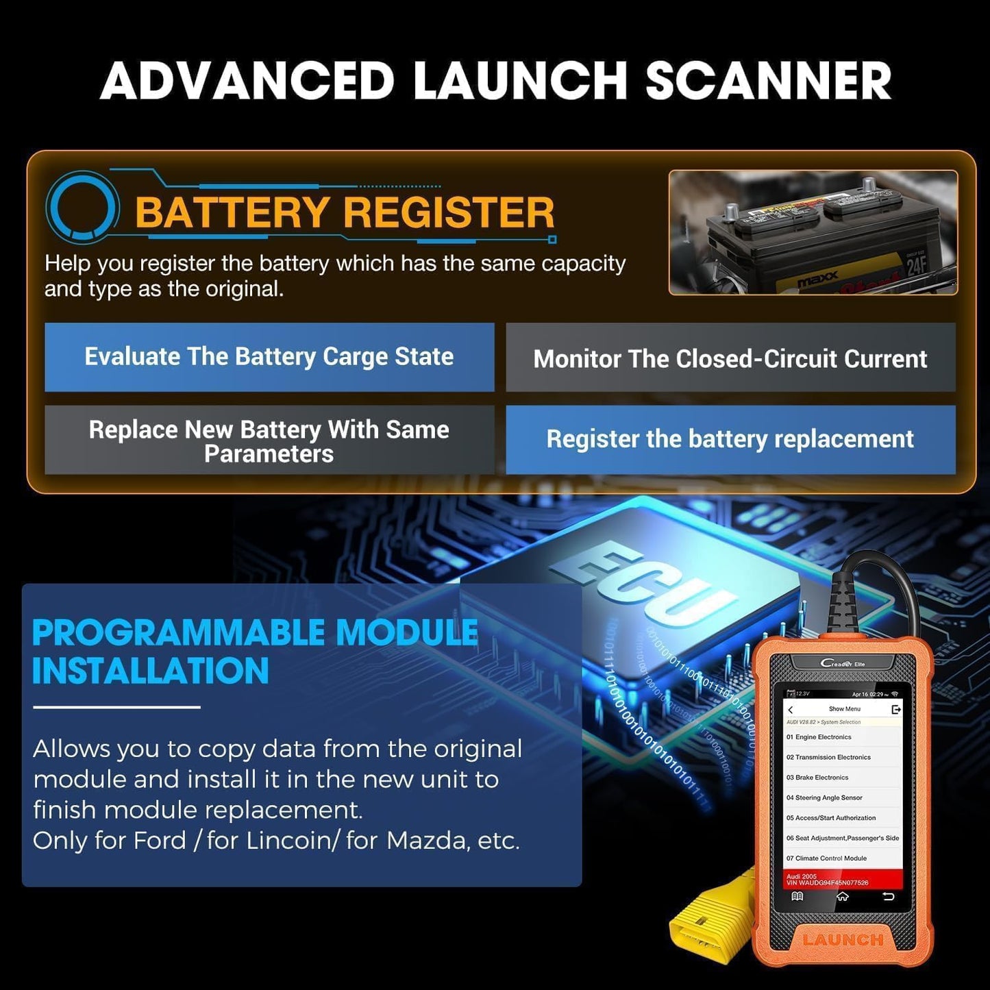 LAUNCH Creader Elite OBD2 voor Ford/voor Lincoln/voor Mercury/voor Mazda Diagnostisch Hulpprogramma, Actieve Test, ECU-Codering, 31 + Herstel Diensten