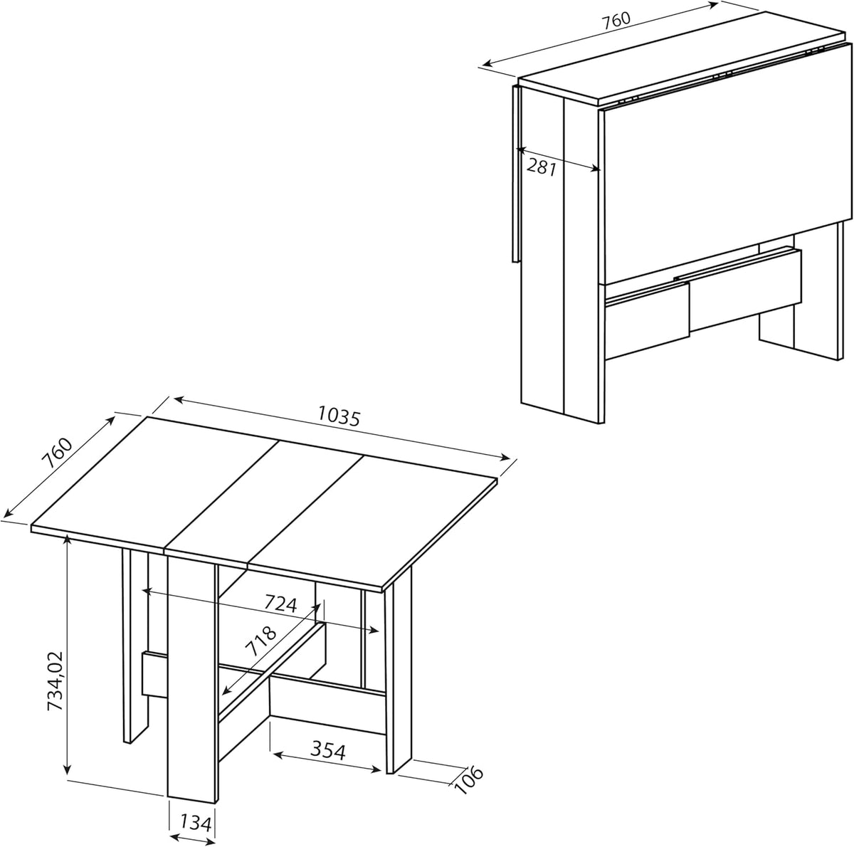 vlinder, klaptafel met 2 kleppen, van melamine spaanplaat, zwart, 103/67/28 x 76 x 73,4 (l x b x h).