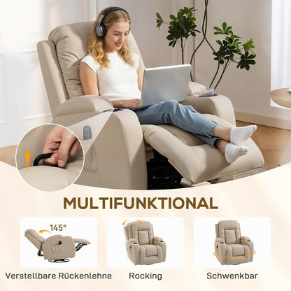 HOMCOM Massagestoel TV-stoel Relaxstoel met warmtefunctie, ligstoel met afstandsbediening, bekerhouder, crèmewit 85 x 94 x 104 cm