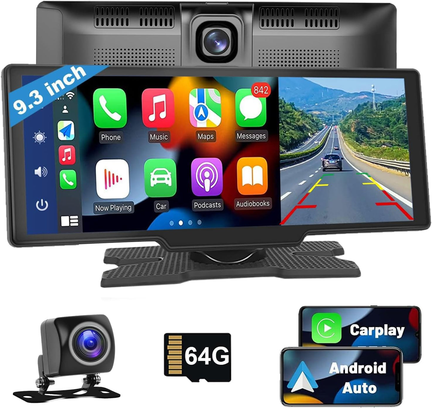 Podofo 9,3 inch draagbare autoradio 2,5K dubbele dashcam met draadloos Apple Carplay Android-autoscherm, 7-32V touchscreen met stemassistent/Bluetooth/FM-zender/AUX / 32G TF-kaart