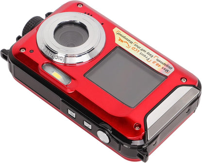 Onderwatercamera, 2,7 K 48MP 10ft Waterdichte Digitale Camera, 16X Digitale Zoom, Dubbele Scherm Selfie Onderwatercamera voor Snorkelen (rood)