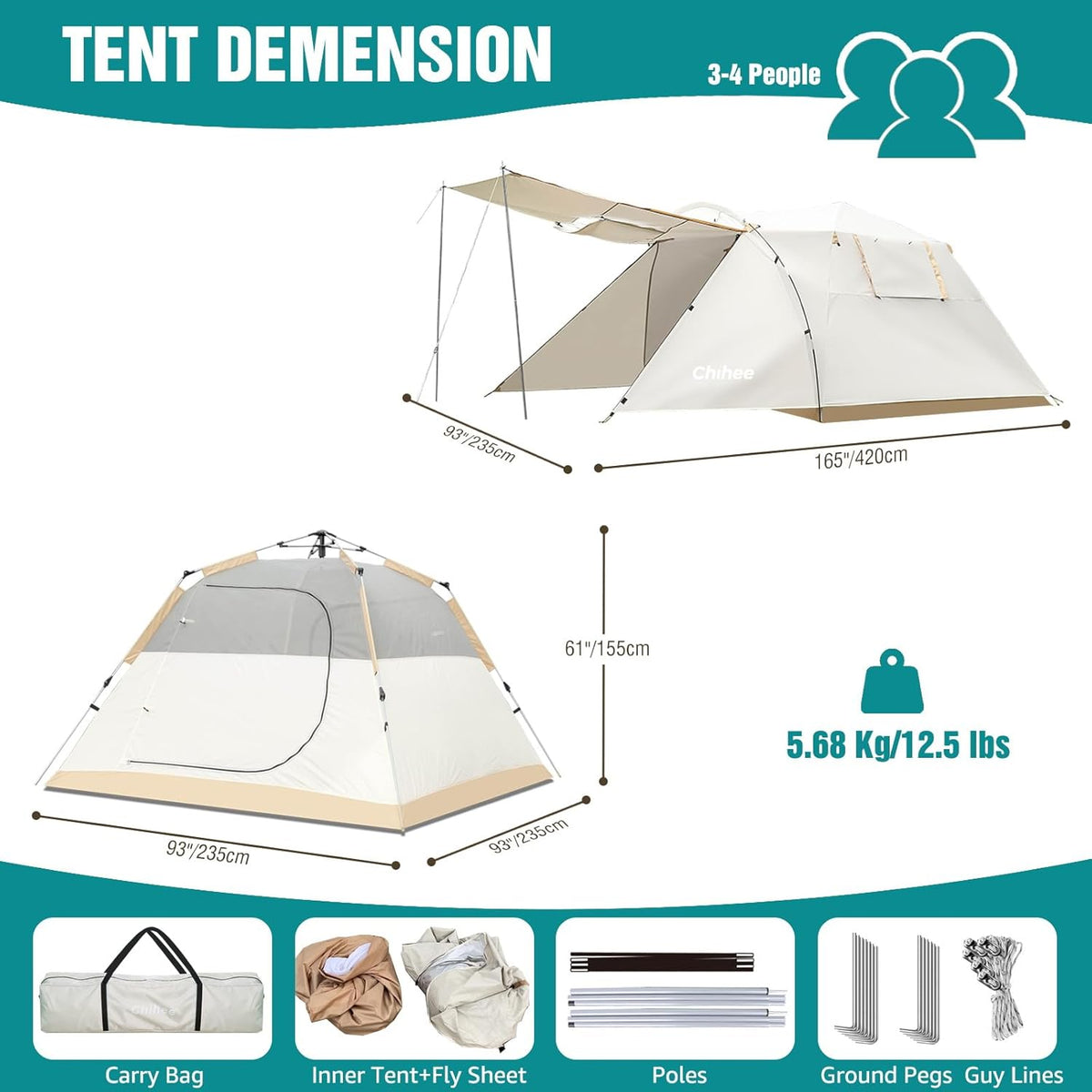 Chihee Campingtent, pop-up draagbare tent, familietent, 2 deuren, direct op te bouwen, extra groot, weerbestendige tent, 4-seizoenen, tent met afgeschermde veranda, luifel, inclusief regenfly-draagtas