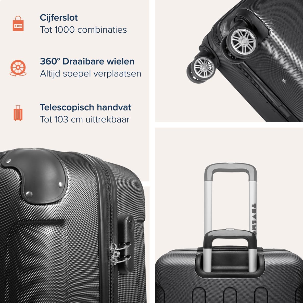 TRVLMORE Kofferset - 3 Delig - 38L Handbagage + 110L Ruimbagage - Lichtgewicht - Trolley - Reiskoffer Set - Zwart