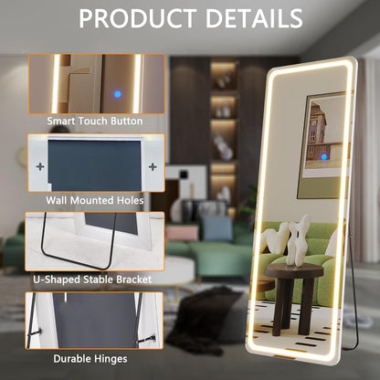 Staande Spiegel LED 160 x 50 cm, Lange Spiegel met Verlichting, Grote LED Wandspiegel, Volledige Lengte Passpiegel met Standaard, Vrijstaande Vloerspiegel voor Woonkamer Hal (Wit)