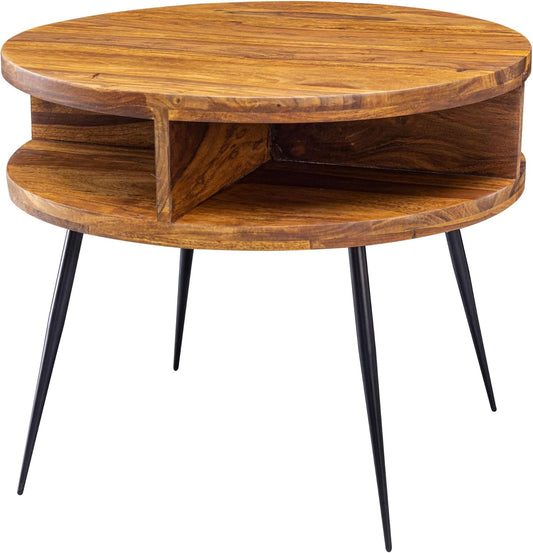 FineBuy Coffee Table Solid Sheesham Wood and Metal 60 x 50 x 60 cm Coffee Table Brown | Round Table Living Room Modern | Wooden Table Side Table Round - QUORE