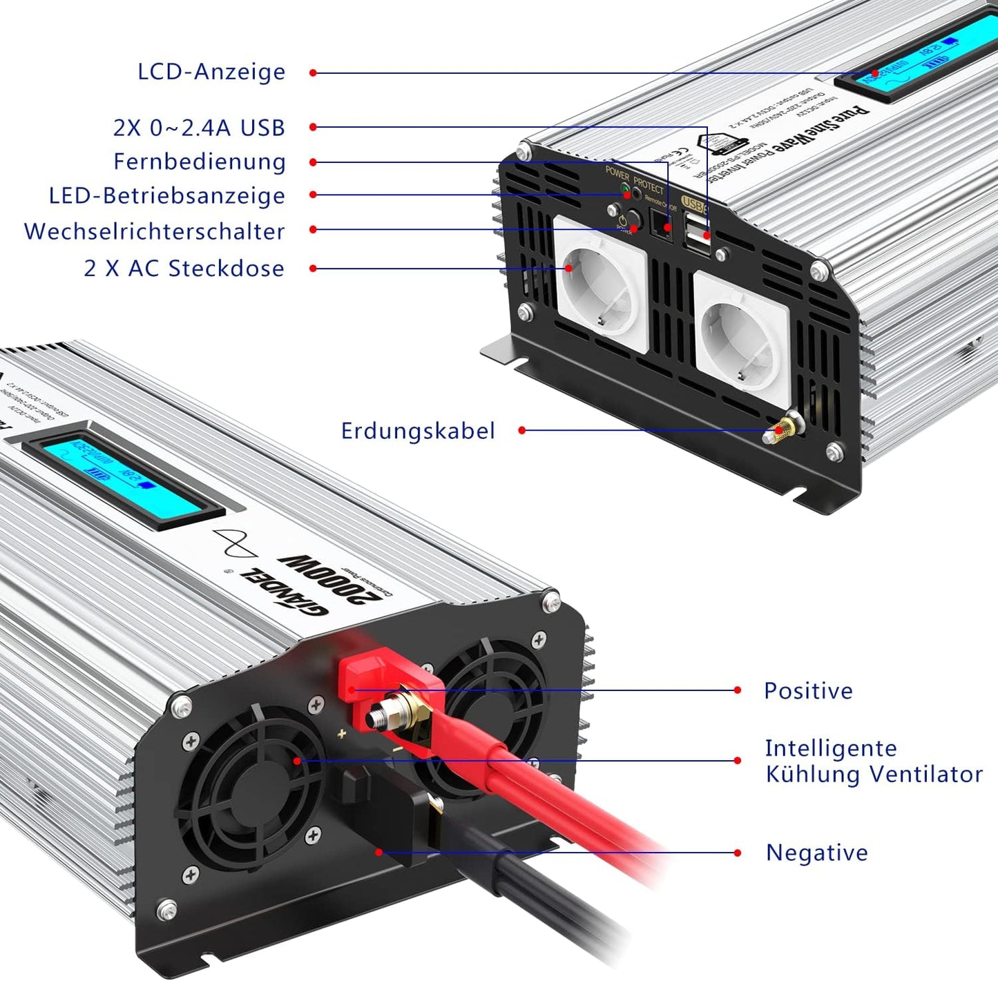 GIANDEL 2000 W zuivere sinus omvormer, DC 12 V naar AC 230 V, spanningsomvormer compatibel met LiFePO4-batterij, Power Inverter met 2 x 2,4 A USB en afstandsbediening en LCD-display voor