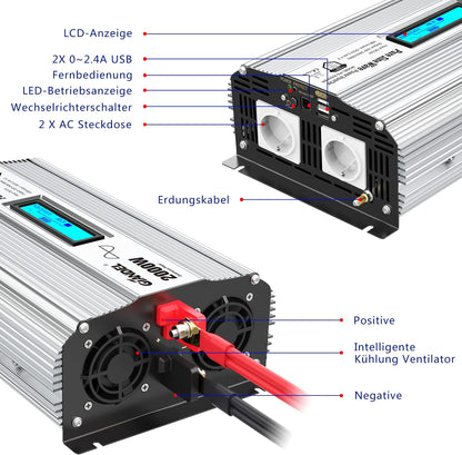 GIANDEL 2000 W zuivere sinus omvormer, DC 12 V naar AC 230 V, spanningsomvormer compatibel met LiFePO4-batterij, Power Inverter met 2 x 2,4 A USB en afstandsbediening en LCD-display voor