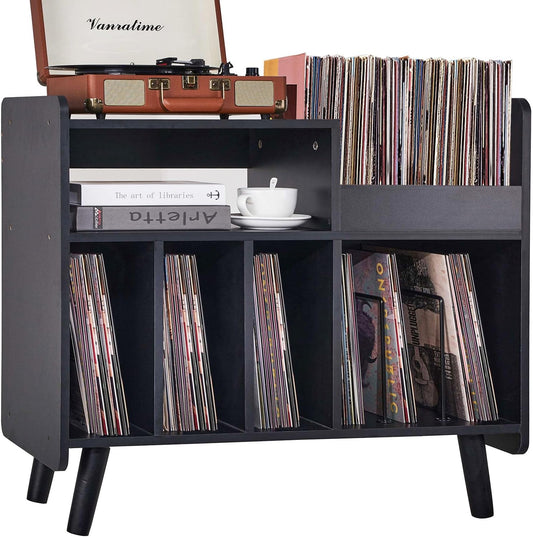 Mid-Century Record Player Stand with Vinyl Storage for Up to 350+ Albums, Vinyl Record Cabinet with Adjustable Shelves, (Black)
