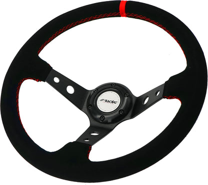 Universeel Sportstuur – Sportief Stuurwiel – Racen Stuur – Auto Stuur – Zwart Suède Stuur – 350mm Diameter – Rode Stiksels