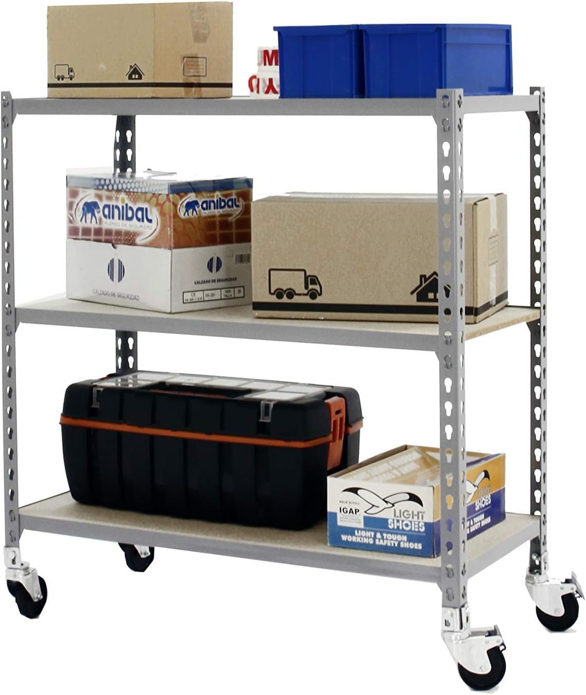 Simon Rack Stellingkast Metaal met Wielen, 975x1100x400 mm, Buigpunt 75, 3 Verstelbare Niveaus, MDF Planken, Robuust Opslagrek voor Garage, Kelder en Werkplaats, Grijs/Hout – SimonClick