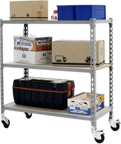 Simon Rack Stellingkast Metaal met Wielen, 975x1100x400 mm, Buigpunt 75, 3 Verstelbare Niveaus, MDF Planken, Robuust Opslagrek voor Garage, Kelder en Werkplaats, Grijs/Hout – SimonClick