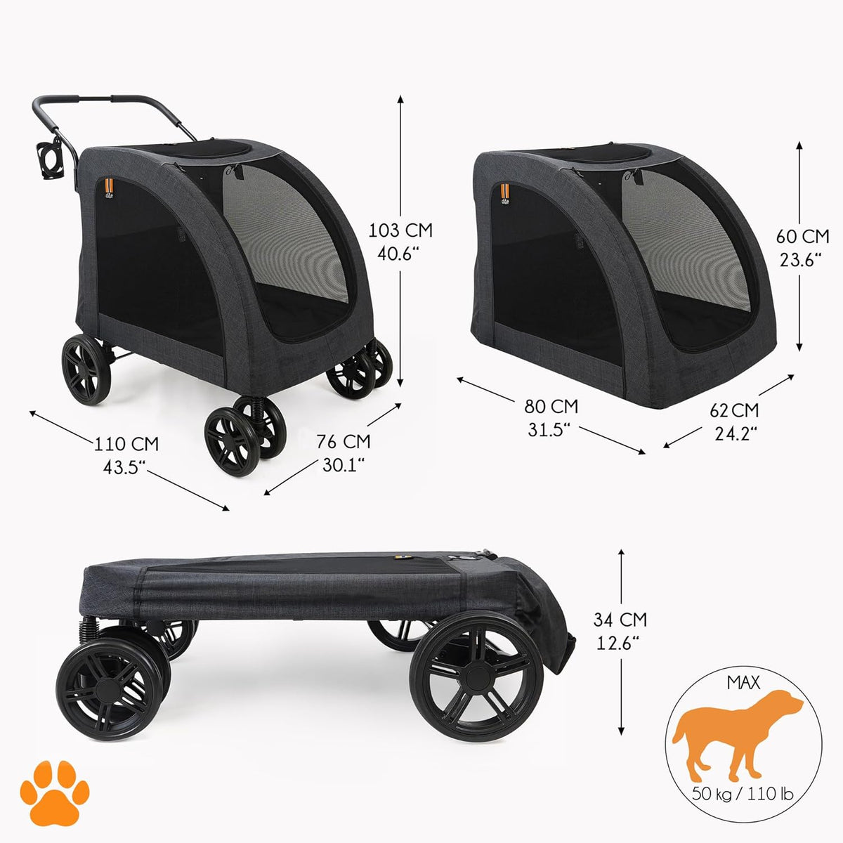 hondenwagen Chester - hondenbuggy voor grote honden, kattenbuggy, ruim, comfortabel trolley, opvouwbaar, incl. regenhoes, drinkbushouder, max. belasting 50 kg, kleur grijs