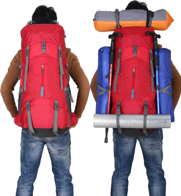 Wandelrugzak - Kampeertas - Trekking rugzak - Camping Essentials Tas - met Regenhoes - 70L - Lichtgewicht - Waterdichte - Nylon - Rood