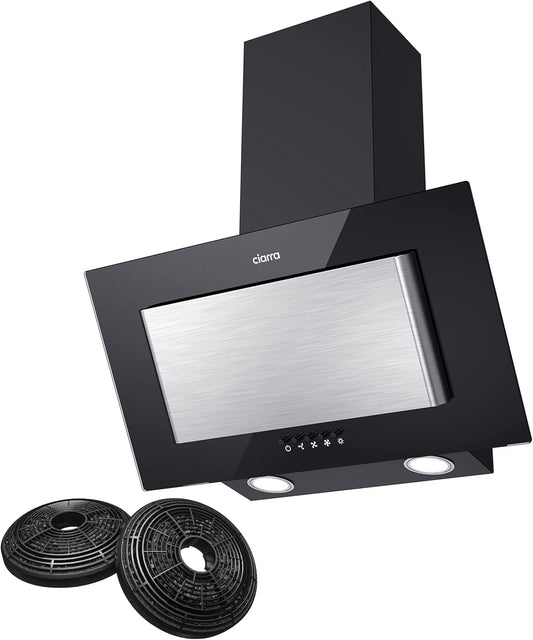 CIARRA CBCB6736D Ef­fi­zi­ENZ A Kopffreie Schräghaube 60cm 350m³/h mit CBCF002X2 Kohlefilter Abluft Umluft 3 Stufen Dunstabzugshaube Wandabzugshaube, Silber [Energieklasse A]