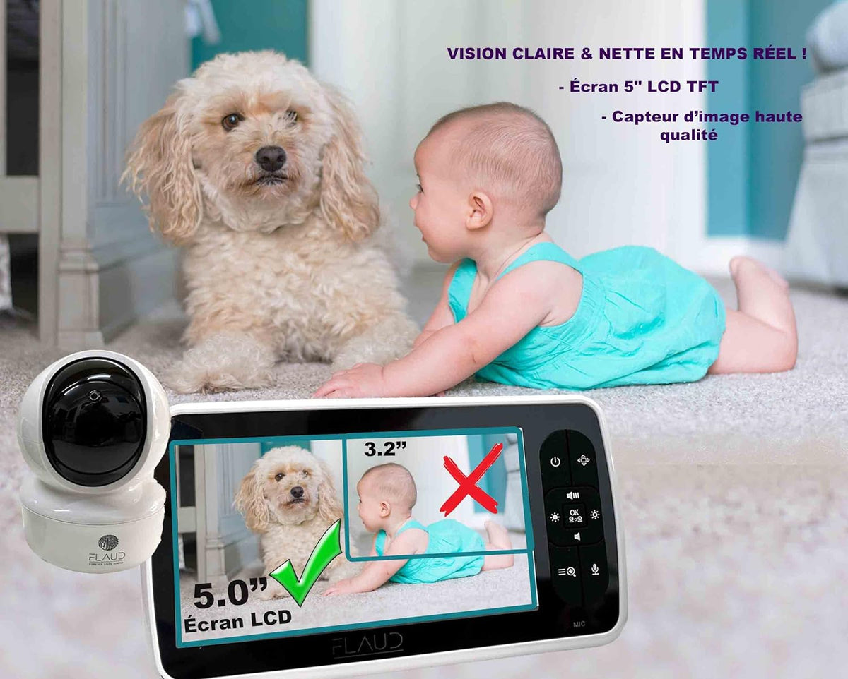FLAUD Babyfoon Video, Monitor Baby en Dieren Scherm 5,0 inch LCD Bereik 300 m Panoramische Camera 355°/120°, Nachtzicht, Tweerichtingscommunicatie, Temperatuursensor, Slaapliedjes VOX
