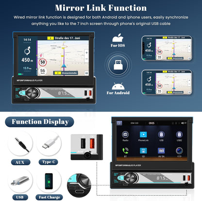 Hikity AM FM Autoradio, 1 Din Wireless Carplay Android Auto, 7 inch handmatig uitschuifbaar display, touchscreen, autoradio met Bluetooth 5.1, handsfree, radio, USB, AUX achteruitrijcamera