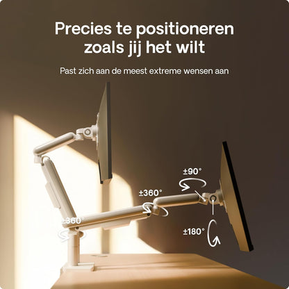 Desktronic Dual Monitor Bracket, Up to 34" & 8kg, 360° Rotation, Height Adjustable, Sturdy, Easy Installation, For Large Screens, Ergonomic Design, Compatible with All VESA 75/100, White - QUORE