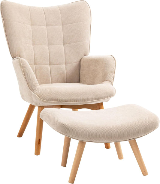 HOMCOM wing chair with stool, armchair, upholstered corduroy chair, lounge chair, wooden legs recliner chair tv chair for living room, beige - QUORE