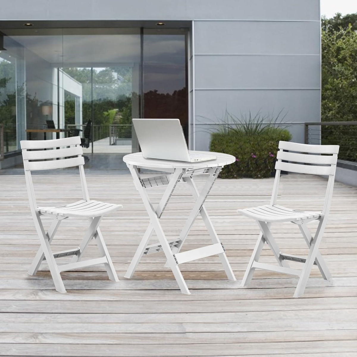 Plastic opvouwbare bistroset, 3-delige terrasbistroset, draagbare binnentafel en stoelen met rugleuning, opvouwbare terrasmeubelset voor balkon, veranda, achtertuin, tuin, zwembad (wit)