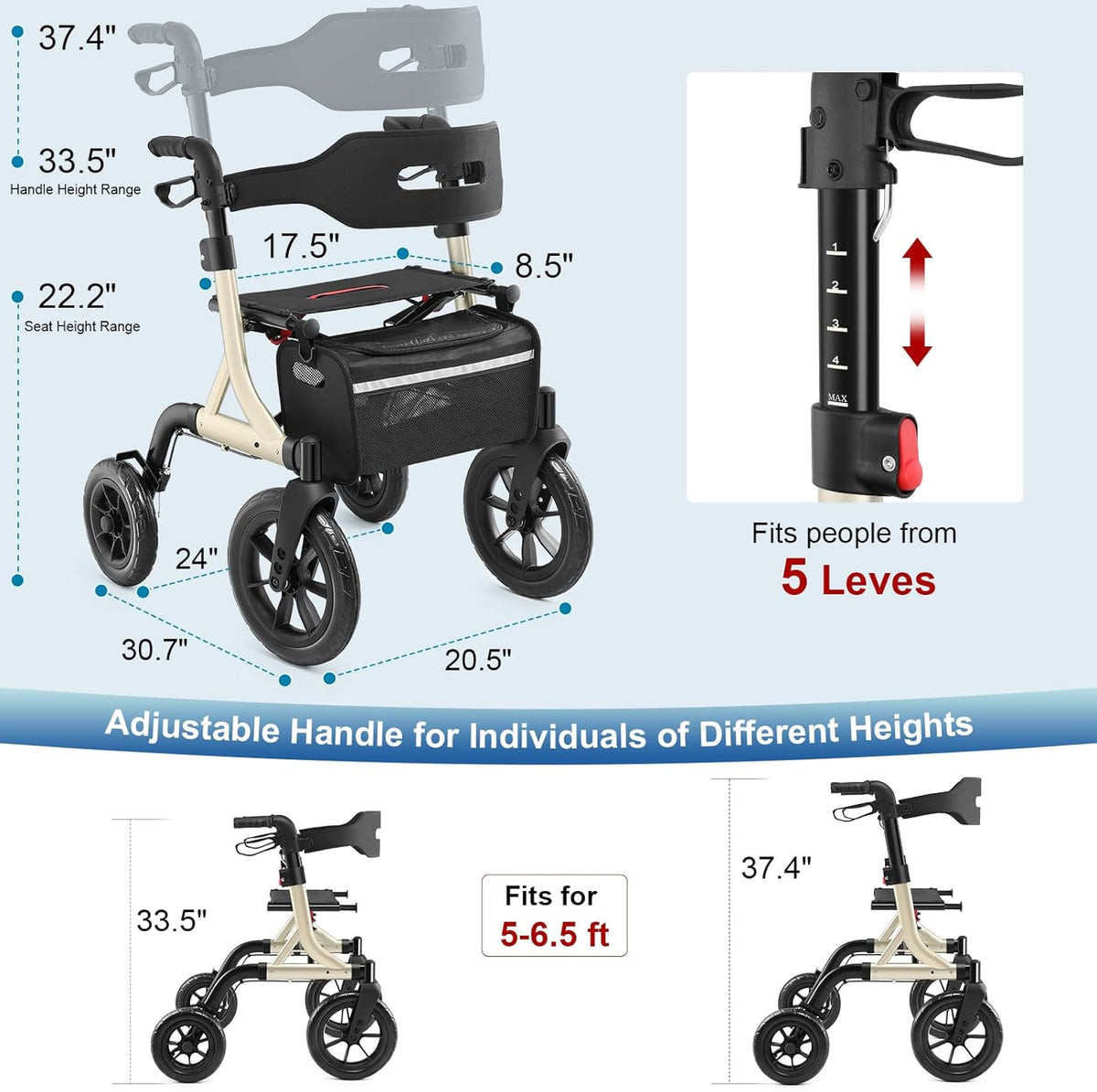 Rollator,Rollator lichtgewicht opvouwbare, buitenrollator met 30 cm grote rubberen niet-luchtbanden voor alle terreinen, geïntegreerde kabelrem, aluminium hoogteverstelbare (goud)