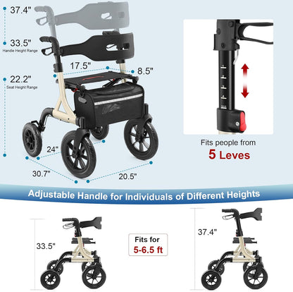 Rollator,Rollator lichtgewicht opvouwbare, buitenrollator met 30 cm grote rubberen niet-luchtbanden voor alle terreinen, geïntegreerde kabelrem, aluminium hoogteverstelbare (goud)