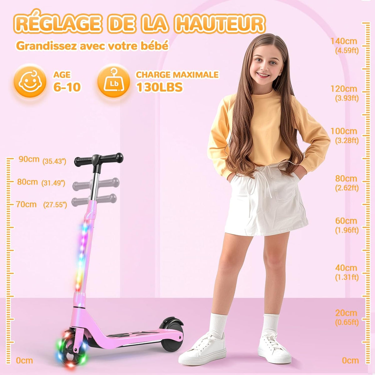 SISIGAD Elektrische step voor kinderen, 6-8-10 jaar, elektrische step voor kinderen, 5,3 inch met kleurrijk ledlicht en 3 verstelbare hoogtes, elektrische step voor kinderen, maximale belasting 70 kg,