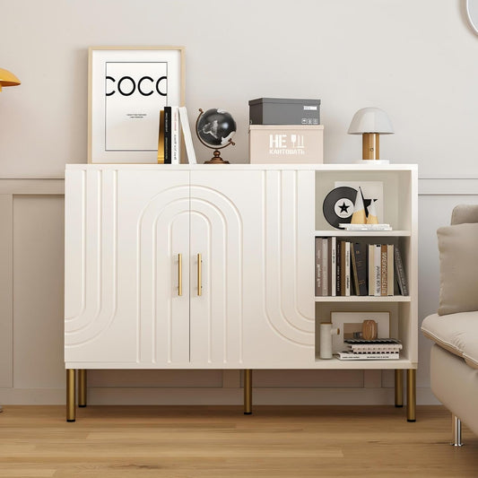 Buffetkast met gebogen texturen | Multifunctionele Sideboard - 2 deuren & 3 planken | Crème kleur 110x35x82 cm