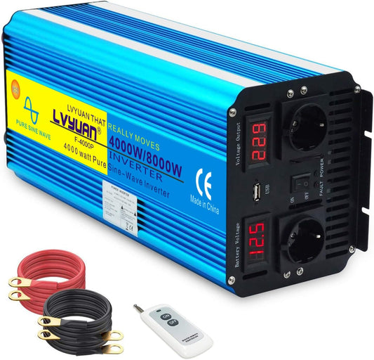 Spanningsomvormer 4000W 12V 230V zuivere sinus omvormer afstandsbediening 2 LED Power Inverter 2 stopcontacten en USB / 8000 W stootkracht