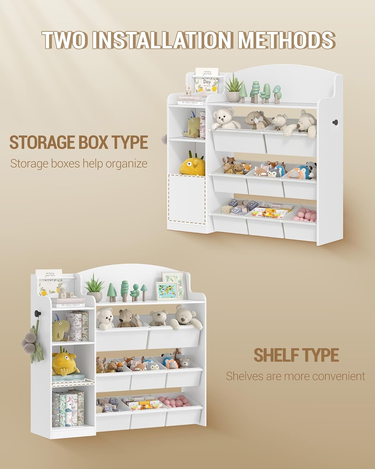 Hzuaneri Children's Bookshelf, Wooden Bookshelf, Toy Shelf with 8 Non-woven Boxes, Suitable for Children's Room, Living Room, Study Room White 30 x 110 x 104 cm KB42003W