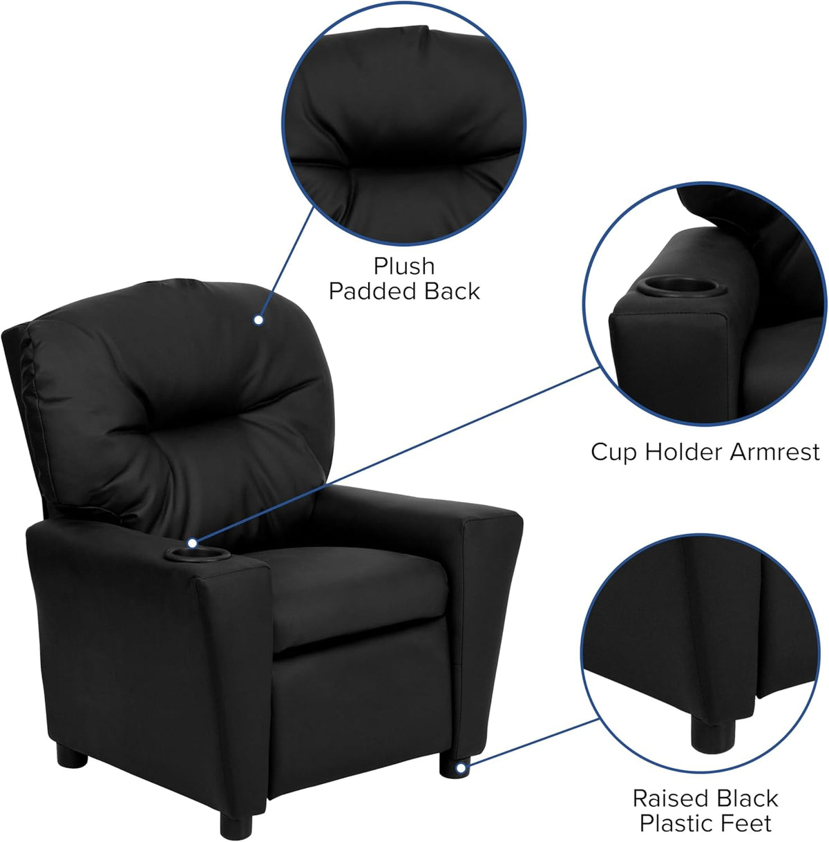 Flash Furniture Contemporary Kids Fauteuil met bekerhouder, leer, zwart ledersoft, set van 1
