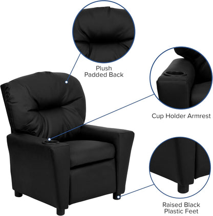 Flash Furniture Contemporary Kids Fauteuil met bekerhouder, leer, zwart ledersoft, set van 1