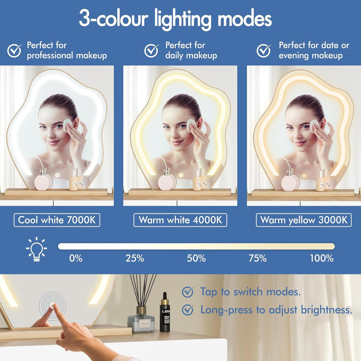 Make-uptafel – Kaptafel – Schminktisch – Make-up Bureau – Beautytafel – Wolkenvormige Spiegel – 10 Verstelbare LED-Lampen – Ruime Laden Met Kruk Opbergruimte