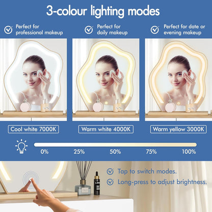 Make-uptafel – Kaptafel – Schminktisch – Make-up Bureau – Beautytafel – Wolkenvormige Spiegel – 10 Verstelbare LED-Lampen – Ruime Laden Met Kruk Opbergruimte