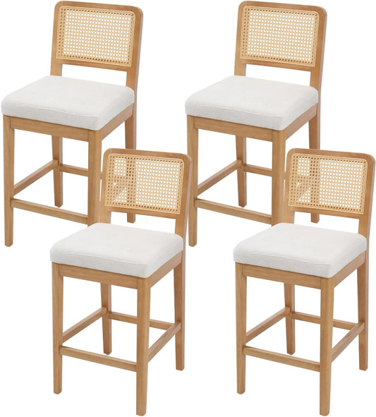 Witte Barkrukken Set – Barkrukken – Barstoelen – Hoge Stoelen – Keukenstoelen – Rieten Rugleuning – Comfortabel Chenille Zitkussen – Stevig Massief Houten Frame - QUORE